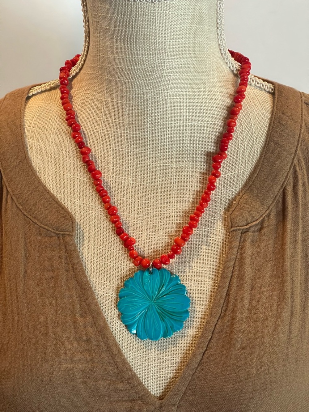 Handcrafted Coral Bead Necklace with Turquoise Shell Flower Pendant